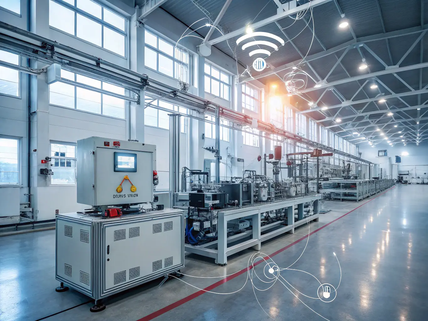 A visual representation of smart sensors collecting data in an industrial setting, highlighting the benefits of real-time monitoring.