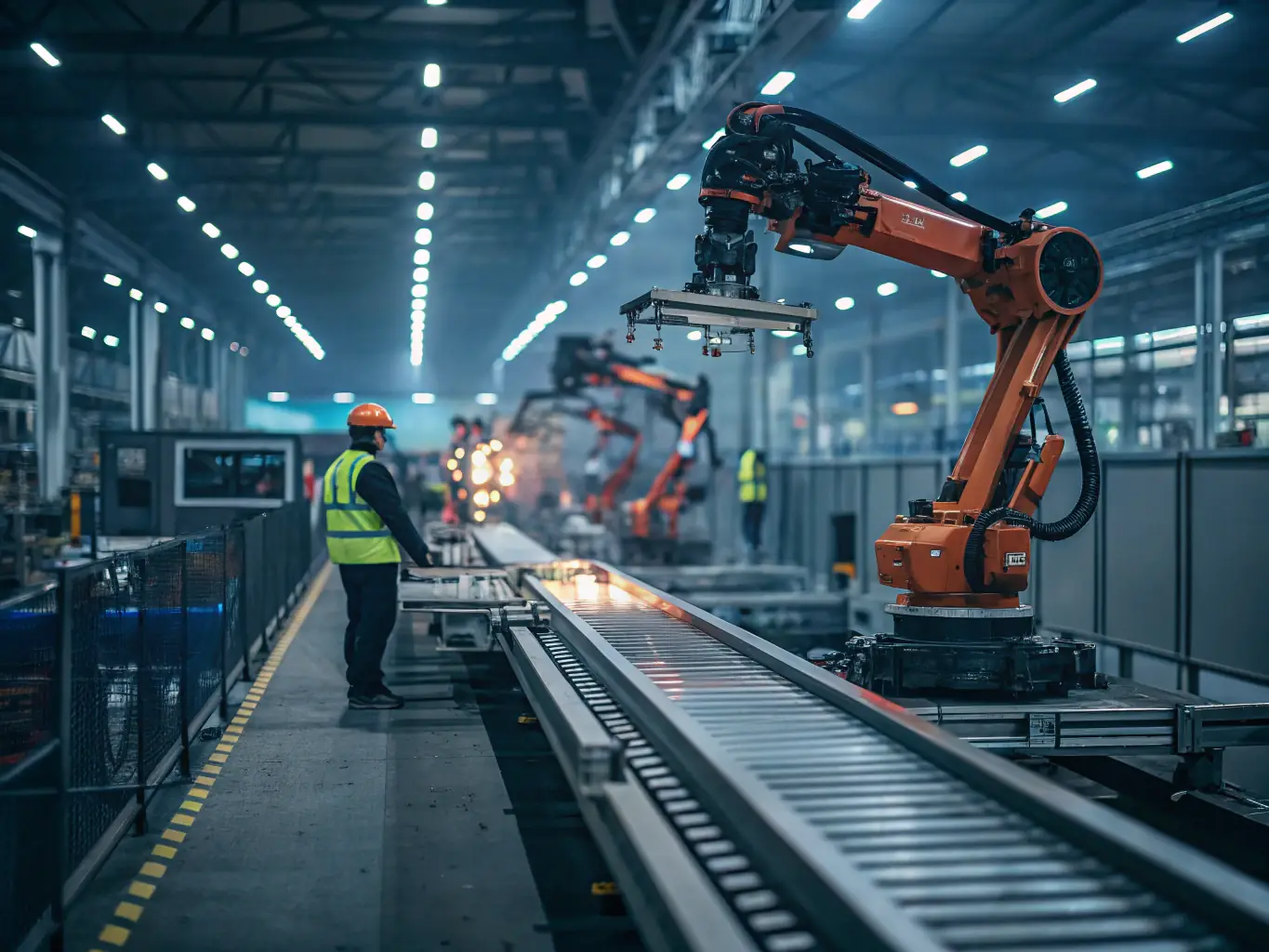 A modern factory floor with robots and automated machinery, all interconnected and monitored via a central dashboard. The image should represent efficiency and precision.