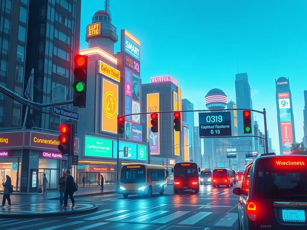 A bustling city street with smart streetlights, connected vehicles, and environmental sensors, illustrating the concept of a smart city. The image should convey innovation and connectivity.
