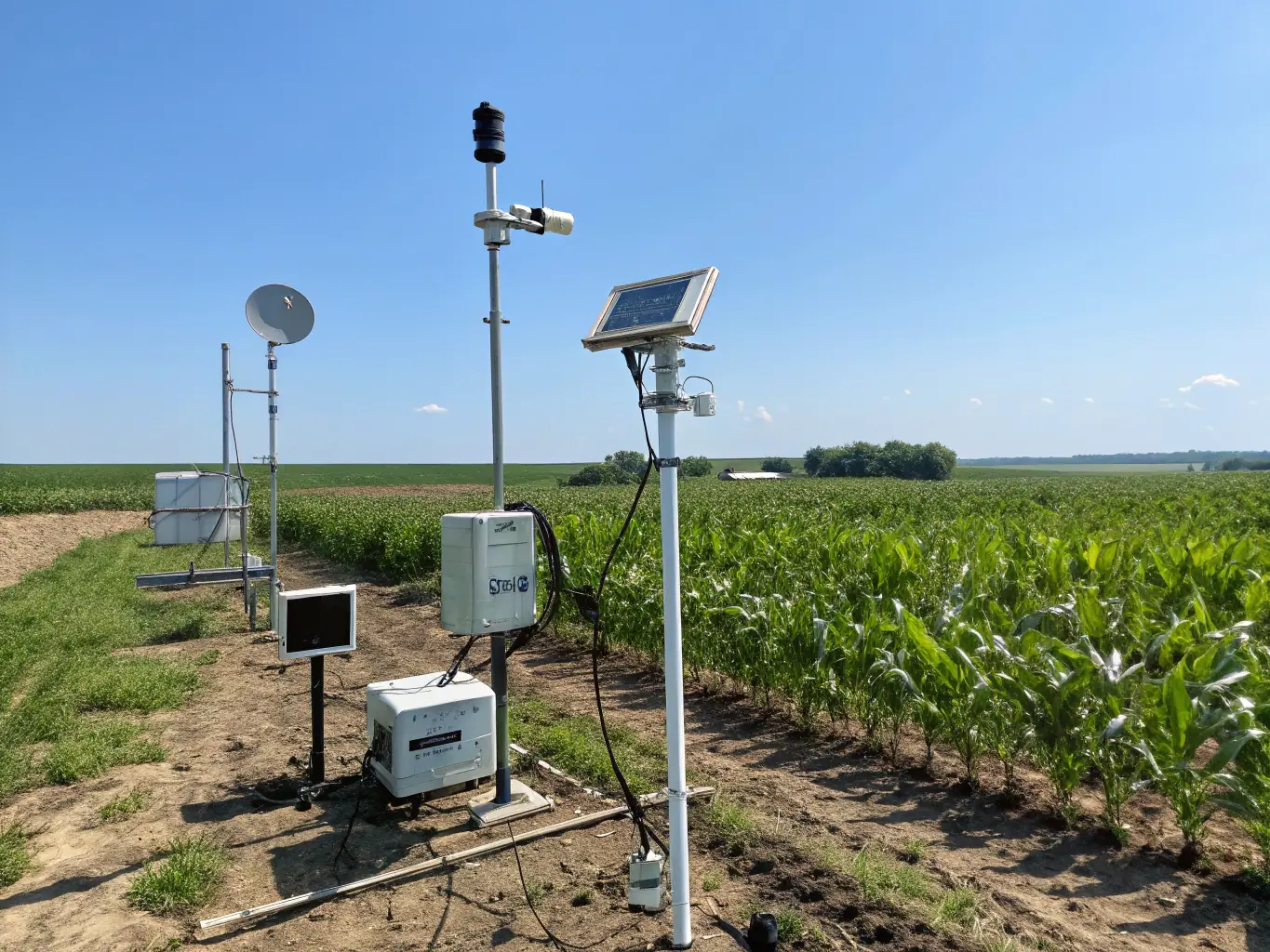 A vibrant, green agricultural field with various sensors and automated irrigation systems, showcasing IoT technology in farming. The image should convey efficiency and sustainability.